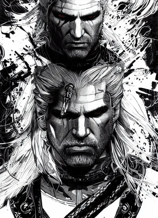 Image similar to portrait of geralt of rivia, sumi - e style, masterful, intense, ultrafine hyperdetailed illustration, concept art, detailed, intricate linework, art by yoji shinkawa