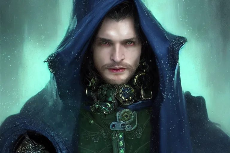 Prompt: ultrarealistic cursed male mage face portrait fighting, long black hair blue eyes wearing leather mantle gothic navy cloak with leather details, green plants, octane render, extreme intricate details, elegant, cinematic lighting, highly detailed, artstation, dnd fantasy character art, cgsociety, sharp focus, beautiful digital painting by artgerm, gerald brom, wlop, alphonse mucha