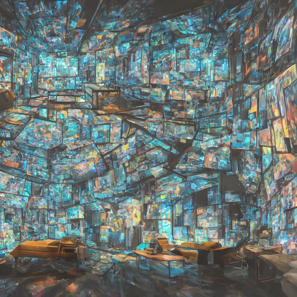 Image similar to photo realistic look inside a modern ai artists room with video screen walls and whimsical furniture with large windows overlooking a metropolis, perfect symmetry, super focus, 8 k, cinematic lighting, techie, mechanical, psychedelic, fractal, relaxing