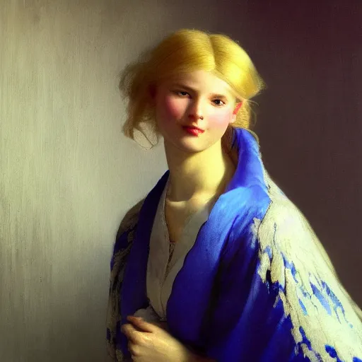 Image similar to a young woman's face, her hair is white and she wears a cobalt blue satin cloak, by ivan aivazovsky and syd mead and moebius and gaston bussiere and roger dean and pieter claesz and paul delaroche and alma tadema and aelbert cuyp and willem claesz, hyperrealistic, volumetric light, octane render