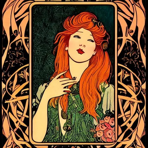 redhead woman tarot card style by designer Verneuil, | Stable Diffusion