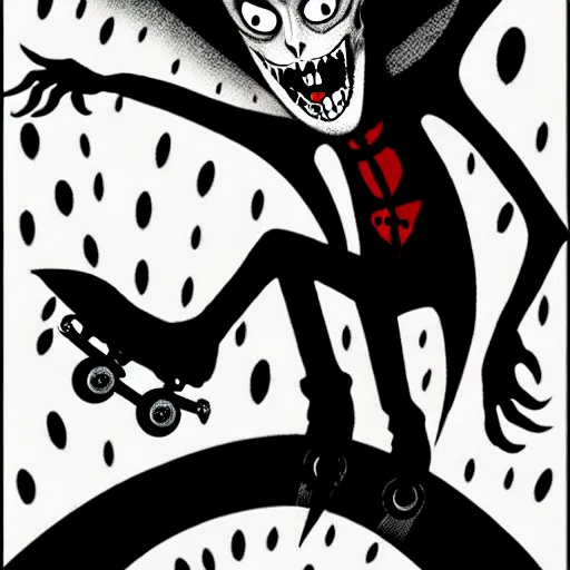 Image similar to black and white trippy comic art of dracula the vampire roller skating on roller skates, drawn by martin rowson, tim burton, studio ghibli, alex pardee, nekro petros afshar, james mcdermott, surrealist, cgsociety 4 k