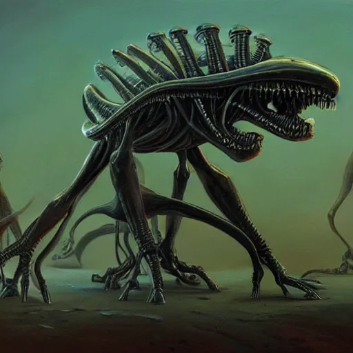 Image similar to aliens from the second edition of barlowe's guide to extraterrestrials, highly detailed, photorealistic, artstation, highly detailed, oil painting, dramatic lighting, award - winning, accurate anatomy