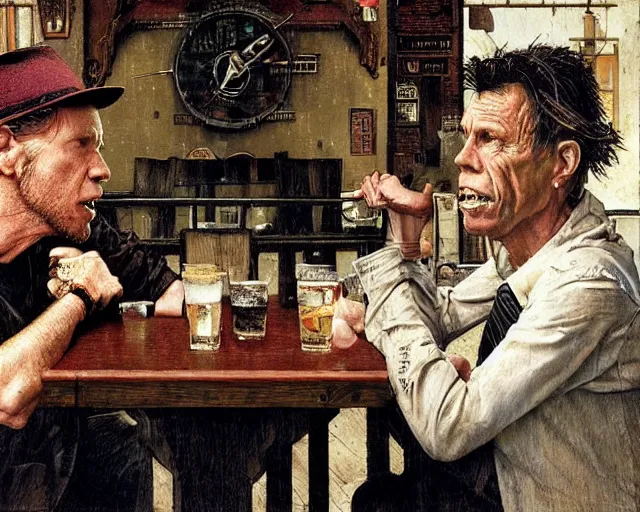 Image similar to Tom Waits and Iggy Pop talking in a pub, highly detailed, centered, digital painting, artstation, concept art, smooth, sharp focus, illustration, art by james gurney and norman rockwell and greg rutkowski