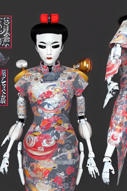 Image similar to full body portrait of a Japanese robot geisha with kanji tattoos and decals wearing a digital kimono, intricate, octane render, ultra fine detailed, character design, trending on artstation