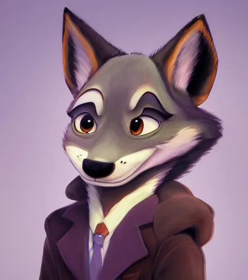 Image similar to oil painting portait of anthromorphic female wolf, in style of zootopia, zootopia, zootopia, fursona, furry, furaffinity, 4 k, deviantart, furry art, fursona art, wearing black business suit, business suit, in style of zootopia, wolf fursona, cyberpunk, female, expressive detailed feminine face,