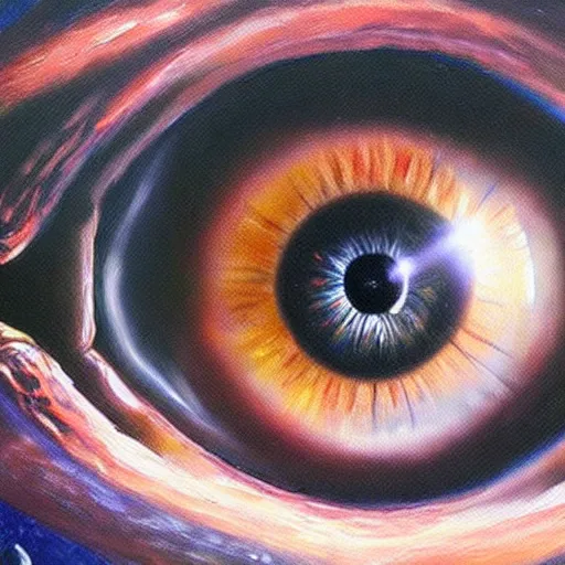 Image similar to a highly detailed photorealistic painting of a human eye reflecting outer space