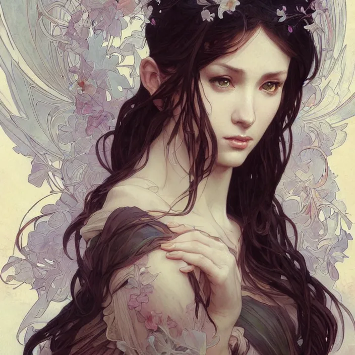 Image similar to a portrait of a beautiful! angel by ross tran!!! and alphonse mucha and greg rutkowski! and gustav dore! and artgerm!, in style of digital art illustration. symmetry. highly detailed face. fantasy, smooth, hyper detailed, sharp focus, soft light. trending on artstation. 4 k
