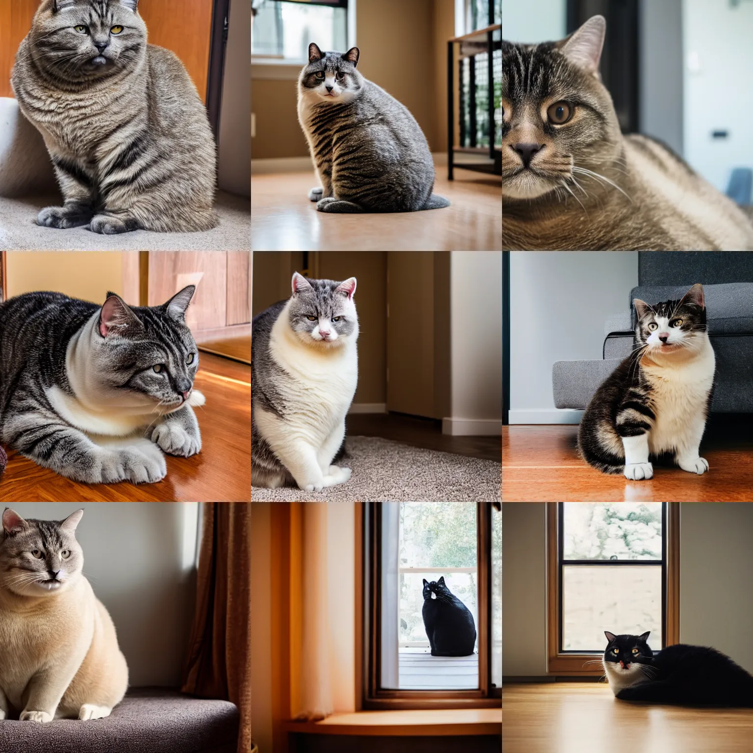 Prompt: a huge Chonker Cat sitting indoors, oh lawd he coming, professional photo, full body view, XF IQ4, 150MP, 50mm, F1.4, ISO 200, 1/160s, natural light