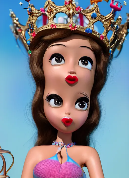 Prompt: closeup face profile portrait of a tin toy fairytale princess wearing a crown eating cakes, bikini, depth of field, zeiss lens, detailed, symmetrical, centered, fashion photoshoot by dan decarlo, bob clampett, bill ward, max fleischer hyperrealistic, octane render