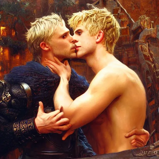 Image similar to attractive male arthur pendragon confesses his love to attractive male merlin. highly detailed painting by gaston bussiere, craig mullins, j. c. leyendecker 8 k