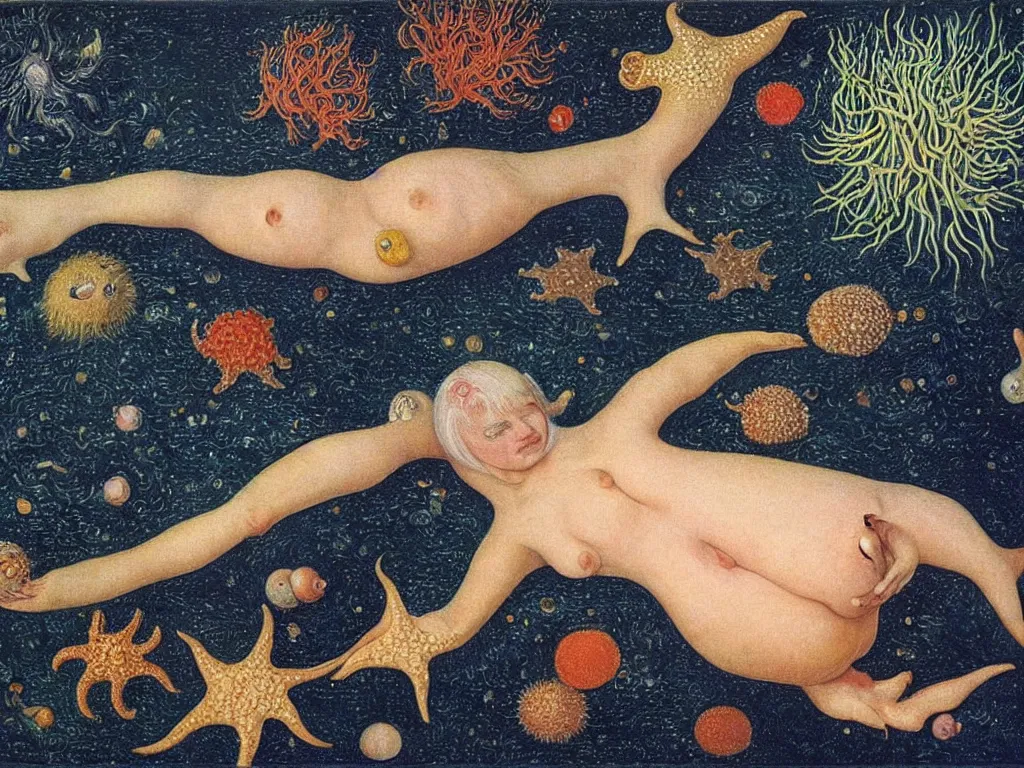 Image similar to Pregnant albino woman at the bottom of the ocean. Starfish, urchins, copepods, sea weed, rust, glowing eyes, phosphorescent cuttlefish. Painting by Lucas Cranach, Rene Magritte, Jean Delville, Max Ernst, Maria Sybilla Merian