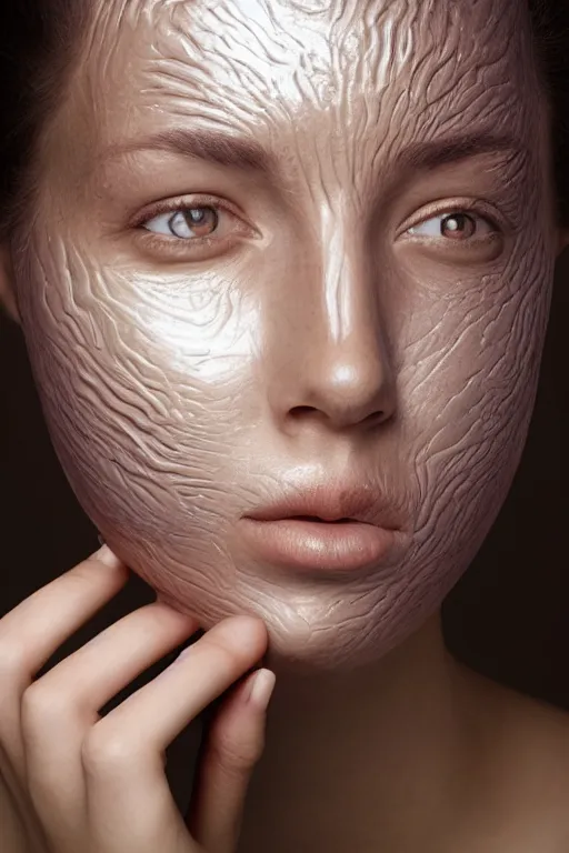 Prompt: portrait of a woman with reaction diffusion skin texture, high detail