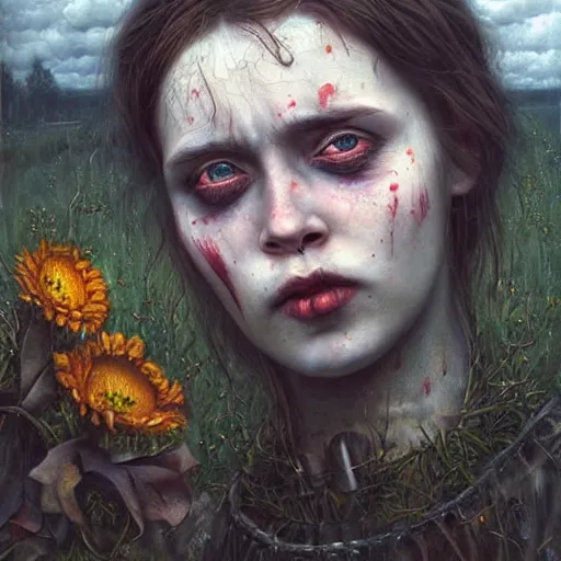 Image similar to a hyperrealistic painting of a beautiful gothic princess crying tears of blood, by Andrea Kowch, vivid color, highly detailed,