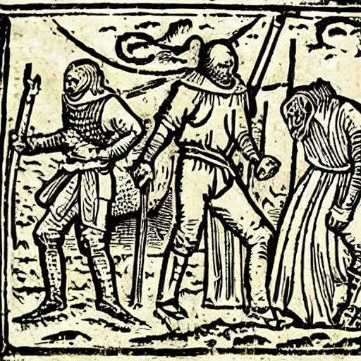 Image similar to medieval wood cut depicting scenes of serfs and Knights encountering UFO