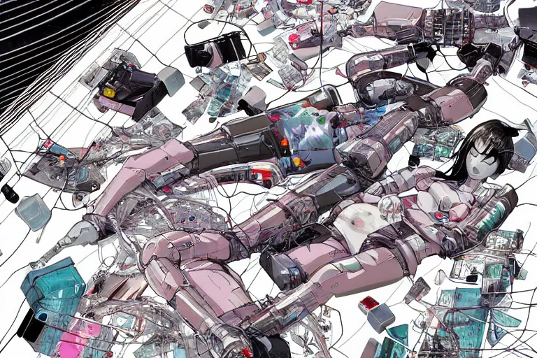 Prompt: a cyberpunk illustration of a group of female androids in style of yukito kishiro, lying on an abstract, empty, white floor with their body parts scattered around in various poses and cables and wires coming out, by masamune shirow and katsuhiro otomo, hyper-detailed, intricate, view from above