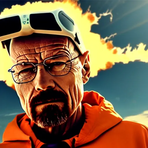 Image similar to Wide angle photo of walter white on a hoverboard with an exploding car behind him, color, cinematic lighting