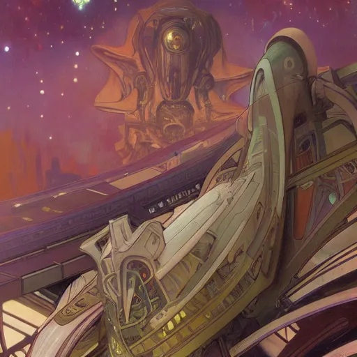Prompt: oil painting of a colossal alien space station, art by Alphonse Mucha and Esther Wu, 8k, sci-fi, dark fantasy, year 4000, trending on artstation, smooth, sharp focus, digital painting, concept art, illustration