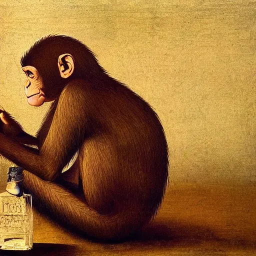 Image similar to Frustrated monkey sitting in front of computer and coding, bottle of rum is near the computer, Leonardo da Vinci painting