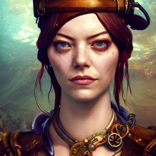 Image similar to underwater steampunk pirate portrait of emma stone, hyper detailed, digital art, trending in artstation, cinematic lighting, studio quality, smooth render, unreal engine 5 rendered, octane rendered, art style by klimt and nixeu and ian sprigger and wlop and krenz cushart.