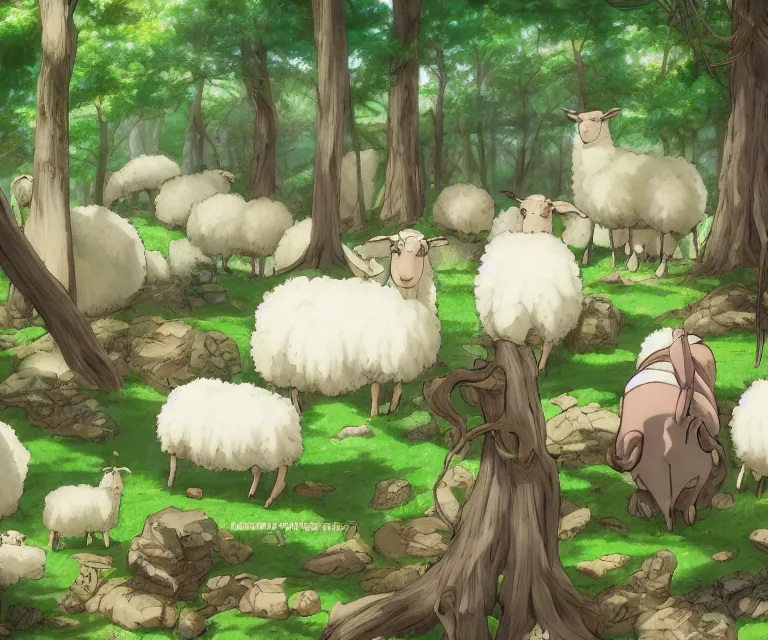 Prompt: sheep in a forest, anime fantasy illustration by tomoyuki yamasaki, kyoto studio, madhouse, ufotable, comixwave films, trending on artstation