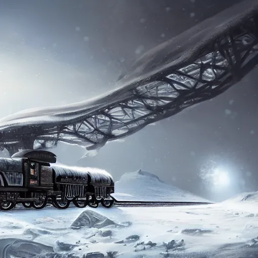 Image similar to an intricate futuristic black steam train and a giant mammoth, post - apocalyptic ice landscape with heavy snow, concept art, artstation, highly detailed, digital art