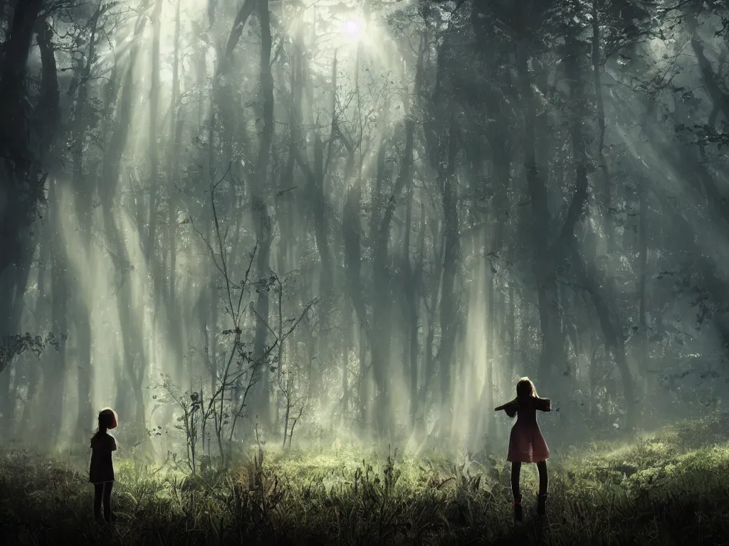 Image similar to the great beyond, sci - fi scene future new york, little girl holding a hand of a big robot, forest punk, crepuscular rays, epic scene, hyper realistic, photo realistic, overgrowth, cinematic atmosphere, ethereal lighting