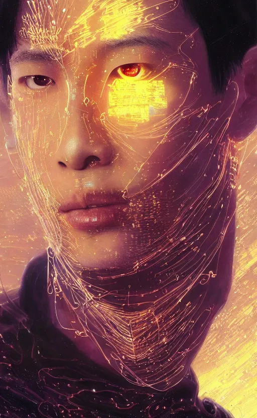 Prompt: an intricate, detailed face of a asian boy, skin made of intricate electronic glowing circuits with laserbeams transporting energy melted into liquid ferrofluids, unreal engine, trending on artstation, bladerunner 2049, by John Berkey