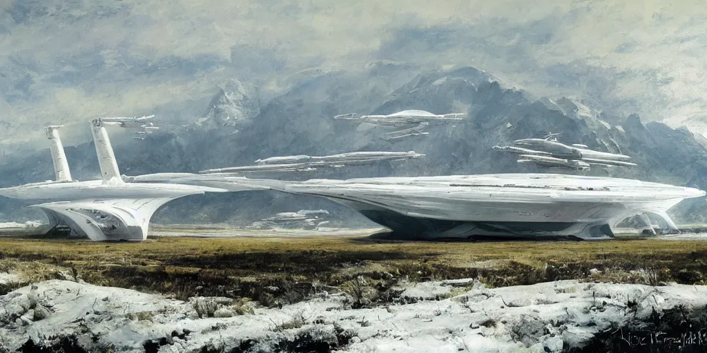 Prompt: white giant spaceship starship battlestar airship in center on tansy wormwood field, snowy mountain afar by Fernand Khnopff by john berkey, oil painting, concept art