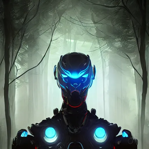 Image similar to sci - fi portrait of a humanoid robot surrounded with floating magical runes, standing in a dark forest, artgerm, trending on artstation, warframe concept art