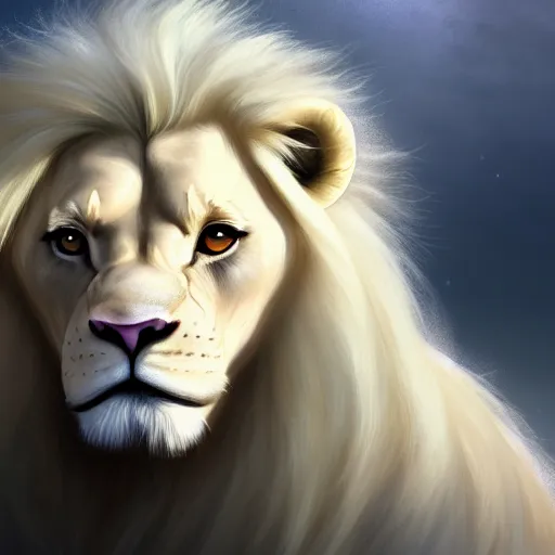 Image similar to a beautfiul aesthetic commission portrait of a anthro albino lion looking at the sky worried,attractive beautiful face,detailes face,expression,natural lighting,fantasy art,deviantart,artstation,character design by charles bowater,ross tran,4k,photorealistic