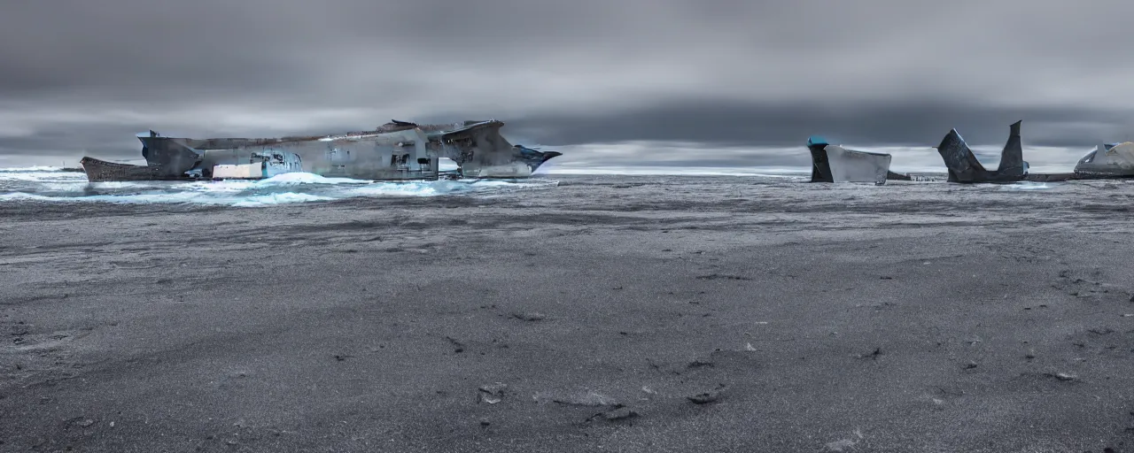 Image similar to cinematic shot of giant futuristic military spacecraft in the middle of an endless black sand beach in iceland with icebergs in the distance,, 2 8 mm