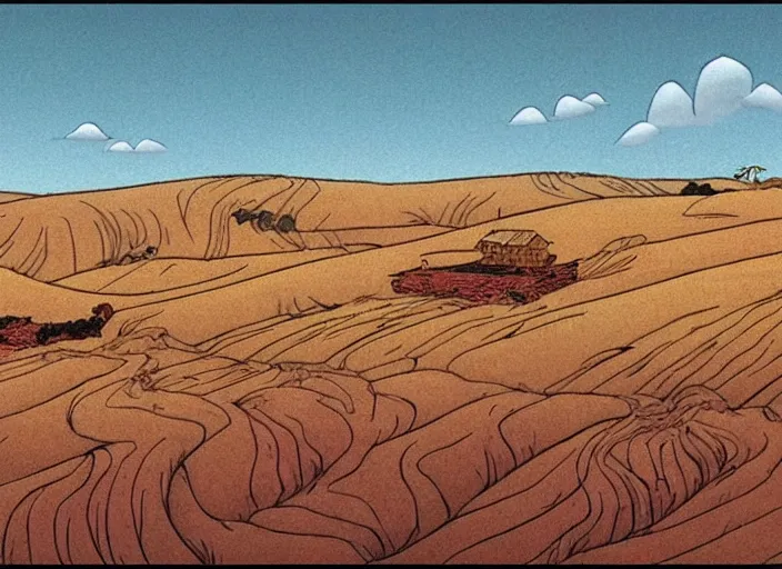 Prompt: endless bland pale wheat sloping landscape by bill watterson from mulan ( 1 9 9 7 )