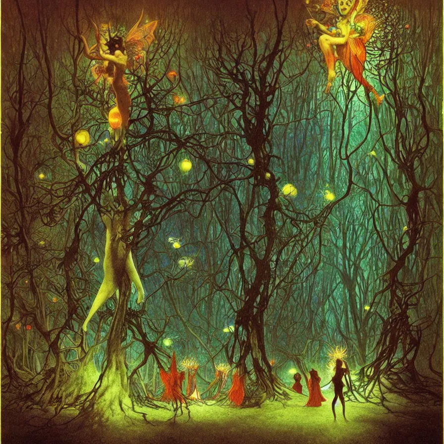 Prompt: a night carnival fairies around a magical tree, christmas lights, creatures and fantastic people disguised as fantastic creatures in a magical forest by summer night, masterpieceunderwater scene, painted by zdzislaw beksinski, alphonse mucha and rene laloux, volumetric lightning