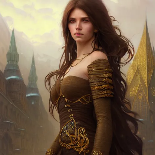 Image similar to brown haired mage medium portrait, female, city landscape, norway, d & d, fantasy, intricate, elegant, highly detailed, digital painting, brown and gold color palette, artstation, octane render, concept art, matte, sharp focus, illustration, herrarthstone, art by artgerm and greg rutkowski and alphonse mucha