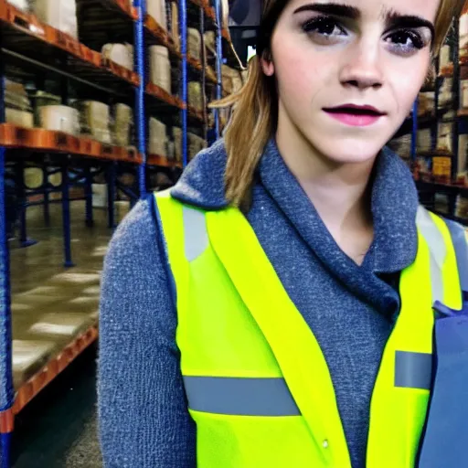 Image similar to photo, close up, emma watson in a hi vis vest, in warehouse, android cameraphone, candid photo 2 6 mm,