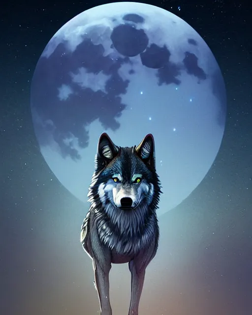 Image similar to highly detailed surreal vfx portrait of a metallic chromatic samurai wolf in front of a full moon, stephen bliss, unreal engine, greg rutkowski, loish, rhads, beeple, makoto shinkai and lois van baarle, ilya kuvshinov, rossdraws, tom bagshaw, alphonse mucha, global illumination, detailed and intricate environment