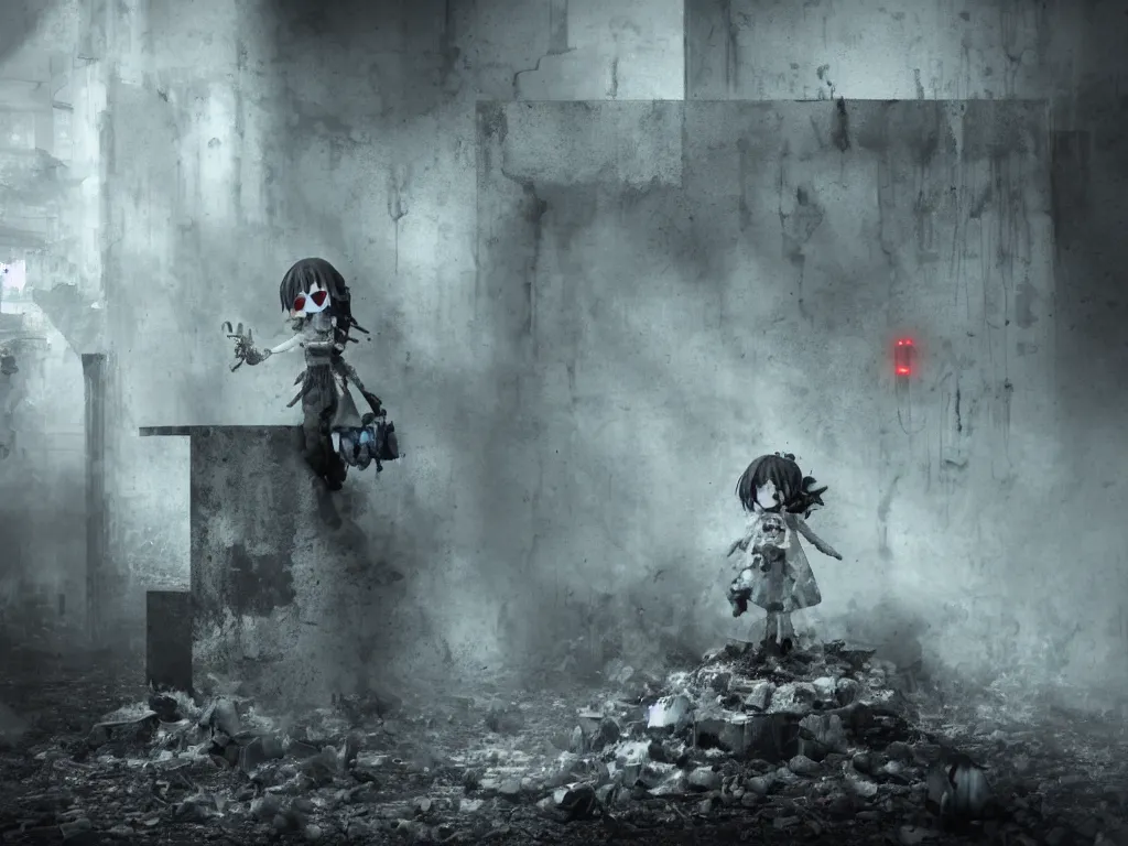 Image similar to cute fumo plush girl ghost lingering in a mysterious concrete wartorn brutalist ruin infected by floating spores of red parasitic fungus, chibi gothic maiden in tattered rags, dramatic three point lighting, glowing wisps of hazy green smoke and eerie volumetric fog swirling about, vray