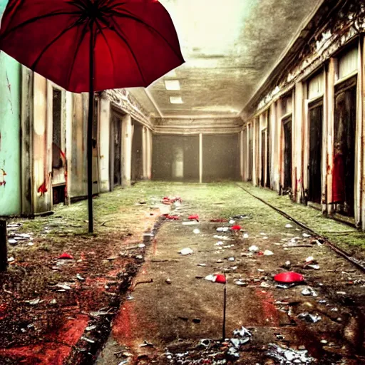 Prompt: abandoned places with a red umbrella, cinematic light,