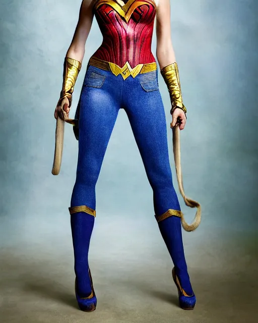 Image similar to a Chimpanzee, dressed as Wonder Woman, is wearing tight fit Blue Jean pants and wearing a blonde wig, photographed in the style of Annie Leibovitz, photorealistic