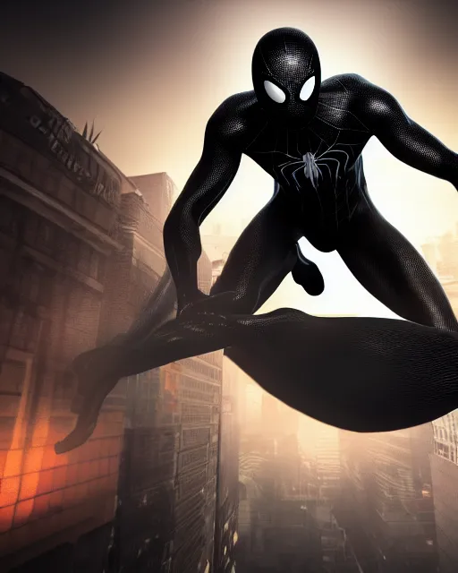 Image similar to photograph of a symbiote and spider - man hybrid, dslr, cinematic, volumetric lighting, 8 k resolution, photorealistic