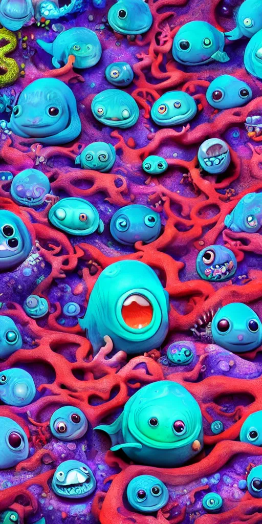 Prompt: of a colorful deep sea cave with strange cute friendly happy creatures with huge eyes, mouth, long tongue and round teeth appearing from sandy coral, in the style of gehry and gaudi, macro lens, shallow depth of field, ultra detailed, digital painting, trending artstation, concept art, illustration, cinematic lighting, photorealism, epic, octane render