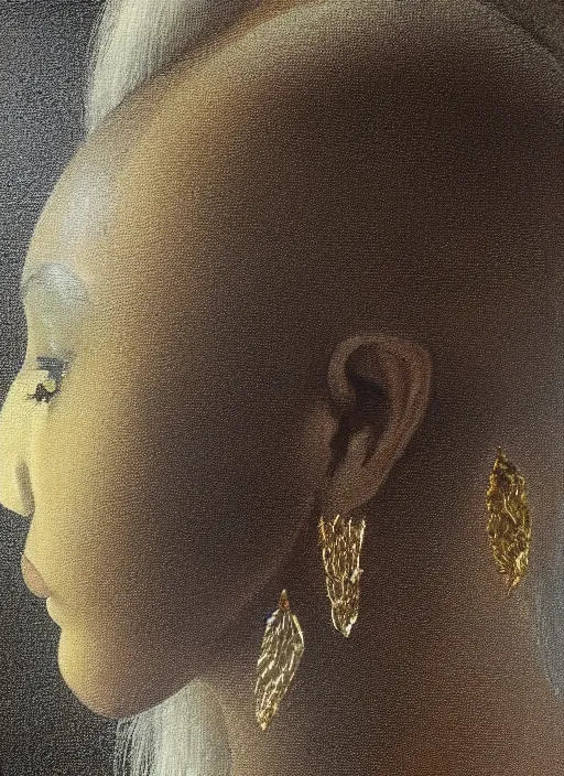 Image similar to a beautiful black woman's face in profile made of gold leaf skeleton, white hair, in the style of the dutch masters, rene magritte and rutkowski, dark and moody, matte, 8 k, hyper detailed, hyper realistic, intricate detail,