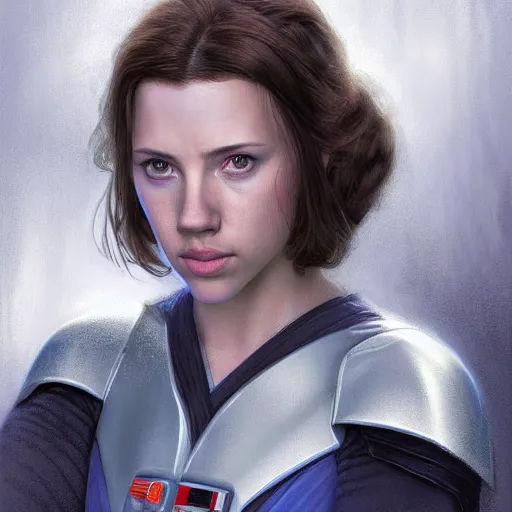 Prompt: head and shoulders portrait of a female knight, jedi, robes, blue lightsaber, young scarlett johansson or young mary louise parker, star wars, by doug chiang, face detail, extremely detailed, digital illustration