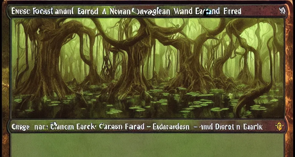 Image similar to A dense and dark enchanted forest with a swamp, from Magic the gathering