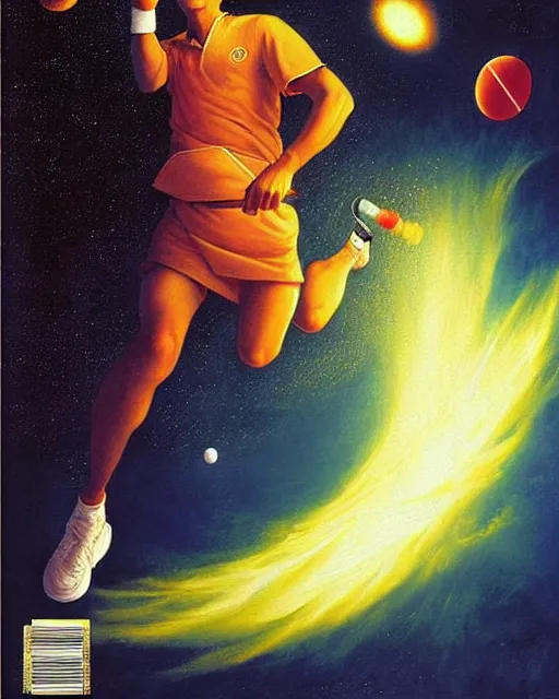 Image similar to cosmic tennis player serving a tennis ball in space, an oil painting, by ( leonardo da vinci ) and greg rutkowski and rafal olbinski, award - winning magazine cover