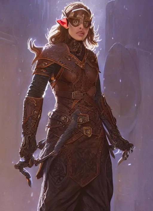 Image similar to a half elf in fireproof leather armor wearing a utility belt and goggles, D&D, fantasy, intricate, cinematic lighting, highly detailed, digital painting, artstation, concept art, smooth, sharp focus, illustration, art by Terry Moore and Greg Rutkowski and Alphonse Mucha