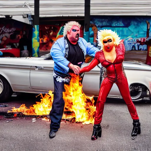 Image similar to guy fieri wrestling a drag queen in a parking lot, bystanders cheering, car on fire in the background, action, high resolution photograph, 4 k,