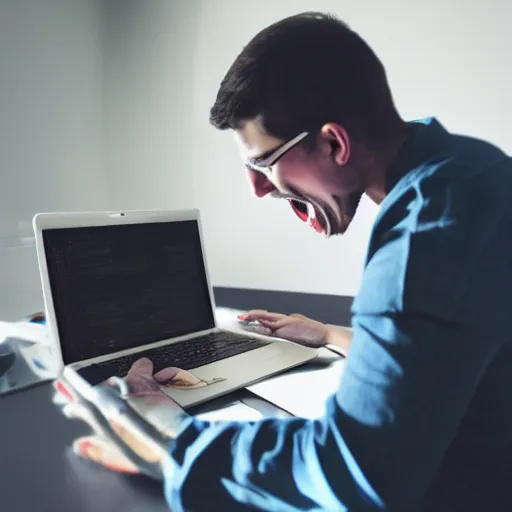 Prompt: Stock Photo of a mam holding a laptop while he screams out IT NETWORKING, Realistic, HDR, Clear Image, HDD, RTX ON, C 10.0