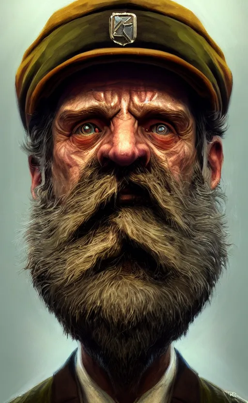 Image similar to hobocop from the disco elysium, concept art by aleksander rostov, oil painting, large strokes, artstation trending, symmetry, awesome exposition, very detailed, highly accurate, intricate, professional lighting diffracted lightrays, 8 k, sense of awe, gamers magazine cover